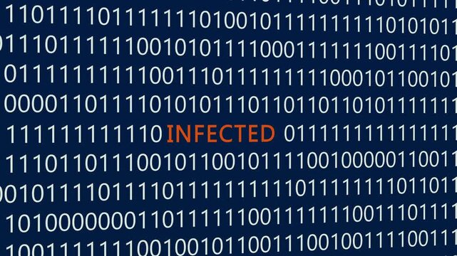 Infected text or word with digital binary animation made in After Effects for digital world technology concept, representing malware contamination, compromised system security, and virus spread.