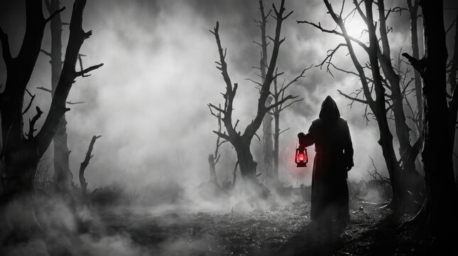 Noir Horror Banner with Hooded Silhouette Holding Crimson Lantern in Foggy Dead Forest with Copy Space