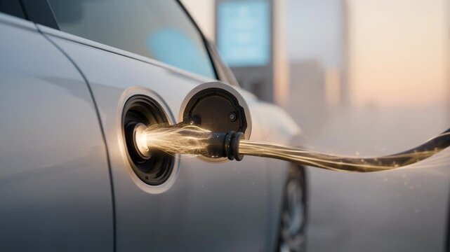 Silver Electric Vehicle Charging at Power Station During Golden Hour.