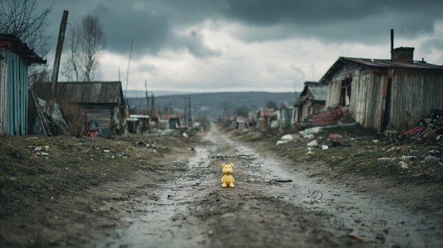 settlement. Abandoned village with empty houses and broken toy on dirt path, overcast sky. ESG reports, sustainability campaigns, designed for sustainability communications and ESG reporting.