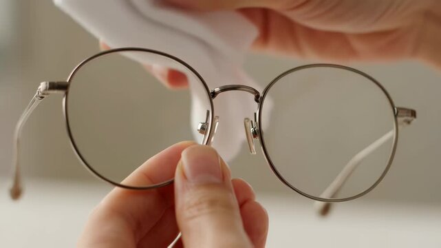 Hands cleaning round metal eyeglasses with white microfiber cloth close up.
