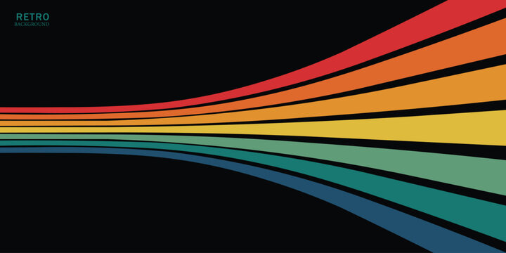 Retro 1970s wave stripe lines background vector illustration. Vintage colorful rainbow curved perspective stripes on black backdrop for poster, cover design, album art, and sunset vibe wallpaper.
