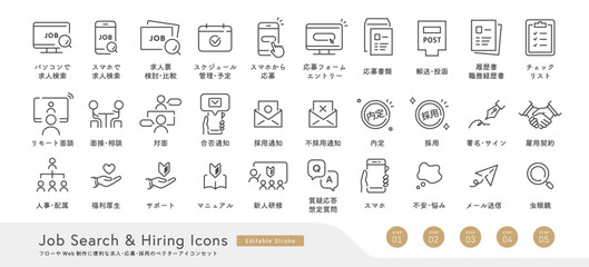 Fototapeta na wymiar フローやWeb制作に使える求人･応募･採用のベクターアイコンセット（就活・転職）Editable Stroke, 線画, モノクロ