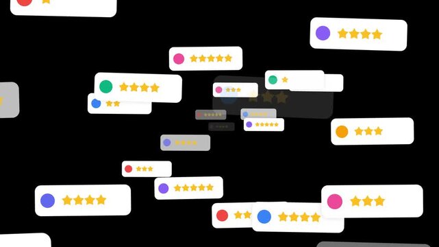 white customer review panel with star ratings floating on black background