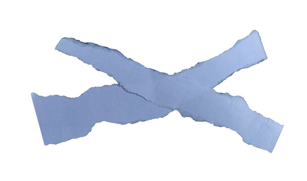 White torn paper strips crossed letter X shape on transparent background realistic ripped paper piece cross frame creative texture template layout.