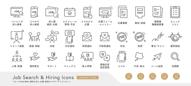 フローやWeb制作に使える求人･応募･採用のベクターアイコンセット（就活・転職）Editable Stroke, 線画, モノクロ