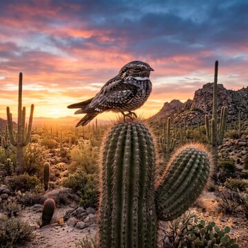 Common nighthawk perched on a saguaro cactus at sunset with colorful desert mountains and sky