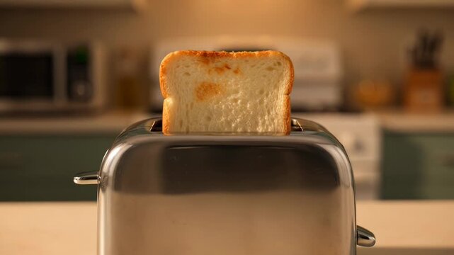 Sliced Bread Popping Up From Chrome Toaster In Kitchen.