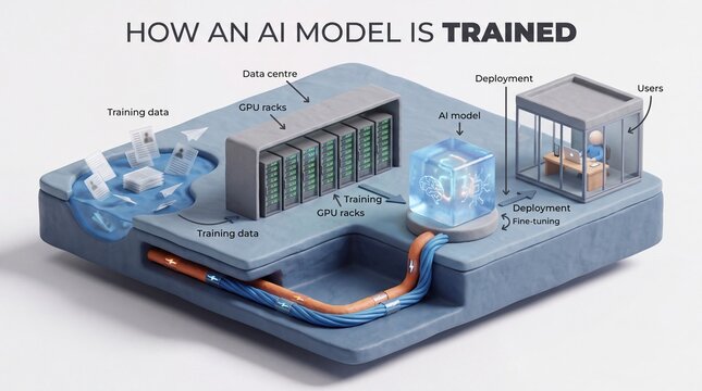 Isometric 3D diagram of how an AI model is trained, from a pool of training data through GPU racks in a data centre to deployment and users
