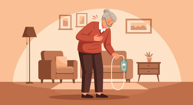 Elderly Person Experiencing Chest Pain While Using Oxygen Concentrator At Home