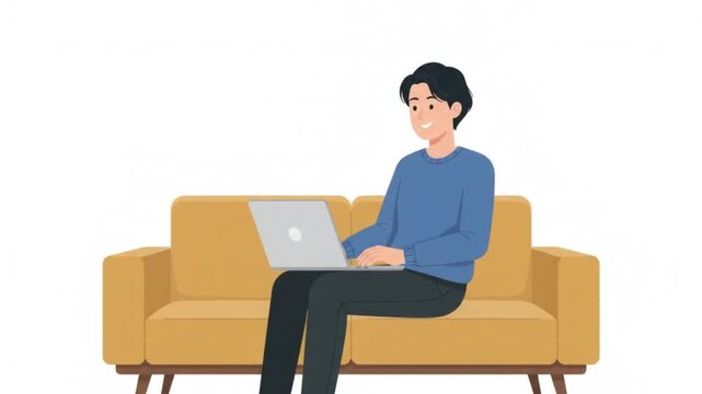 Young man works comfortably on a laptop while relaxing on a soft yellow sofa.