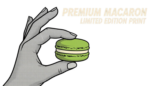 Hand holding green delicious macaron cookie in artistic pop art comic book dot halftone style illustration