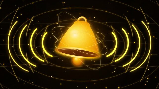 Golden notification bell icon with glowing sound waves. Digital alert symbol on dark background. Futuristic ringing bell animation for social media.