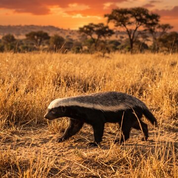 Honey Badger Walking Through Tall African Savanna Grass at Golden Sunset