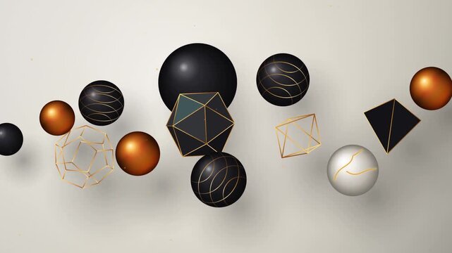 Abstract 3D geometric shapes in black and copper. Floating spheres and polyhedrons on white background. Elegant motion graphics for corporate branding.