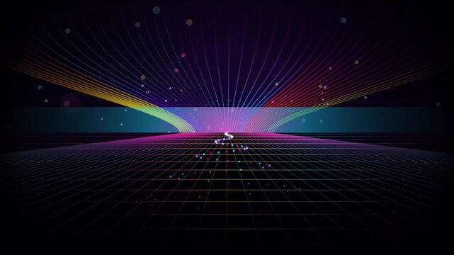 Retro synthwave landscape with neon grid. Futuristic 80s style digital horizon. Glowing purple and blue cyber space background.