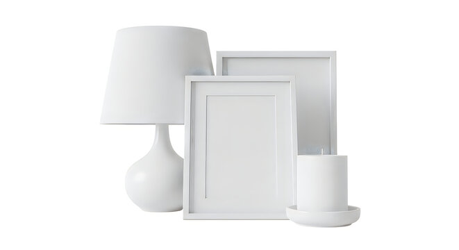 White table lamp with empty picture frames and a candle isolated on a clean white background