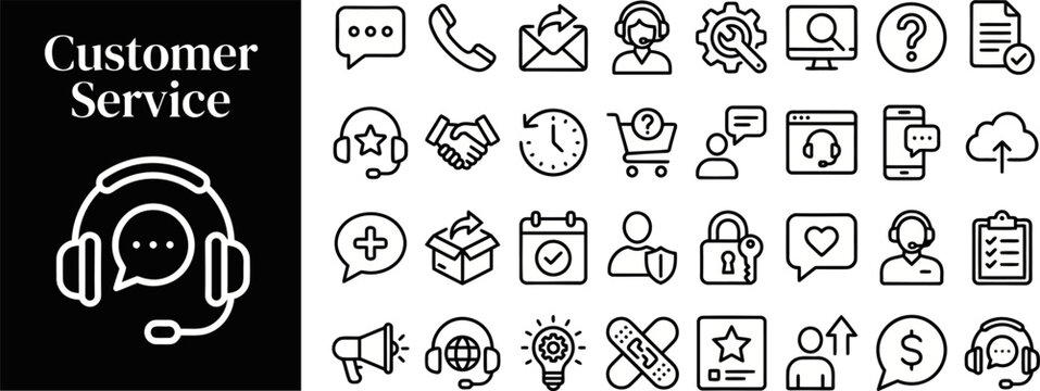Customer Service Contact Center outline icon set. Featuring chat, telephone, email, headset, and case resolution symbols. Editable stroke vector icons for support software and service interfaces.