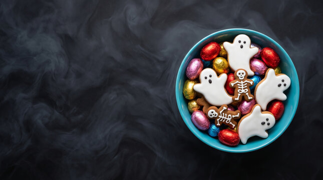 Halloween candy treat bowl with ghost cookie and colorful sweets. Trick or treat ghost monster party. colourful sugar gummy dessert snack, happy fun gathering sharing