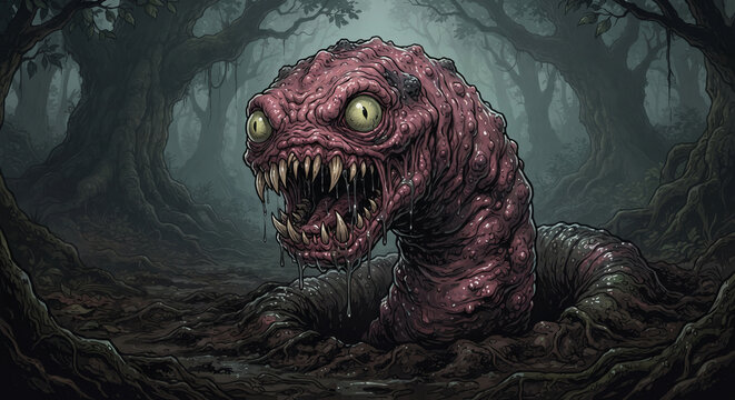 Grotesque giant worm monster with two big eyes emerging from a hole in a dark forest