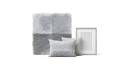 Fototapeta premium Decorative grey pillows and a blank picture frame isolated on a clean white studio background