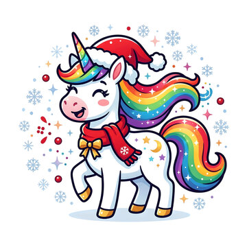 Cute cartoon unicorn wearing a Santa hat and scarf for Christmas celebration.