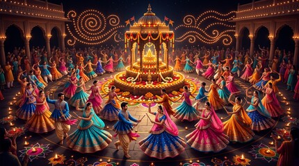 Fototapeta premium People dancing garba around a decorated shrine during navratri festival