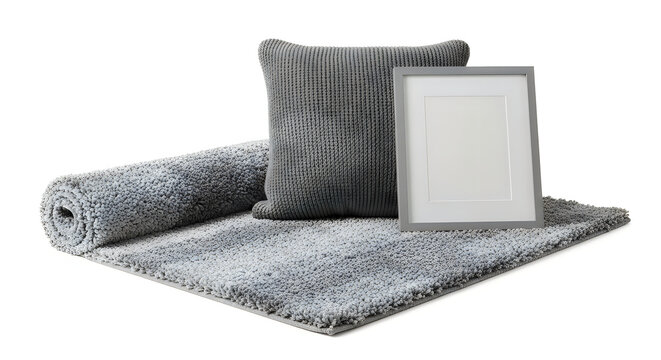 Grey home decor set with a soft rug a square pillow and a blank wooden photo frame for wall art display
