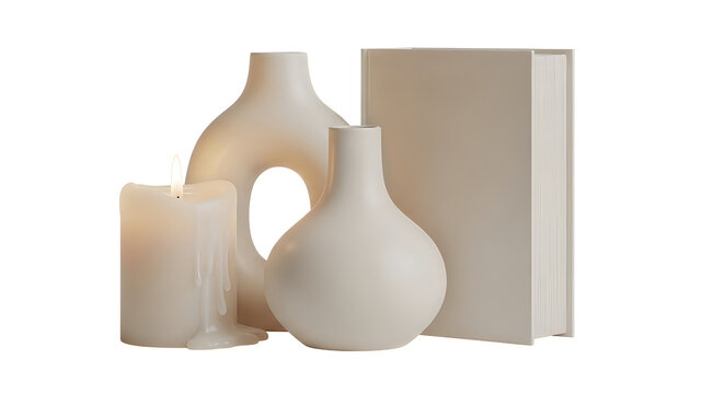 Modern beige ceramic vases with a burning candle and a closed book for home decor and interior design