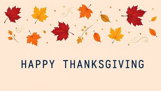 Minimalist Happy Thanksgiving Banner with Elegant Autumn Leaves Top Border
