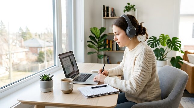 Young woman working on laptop at home