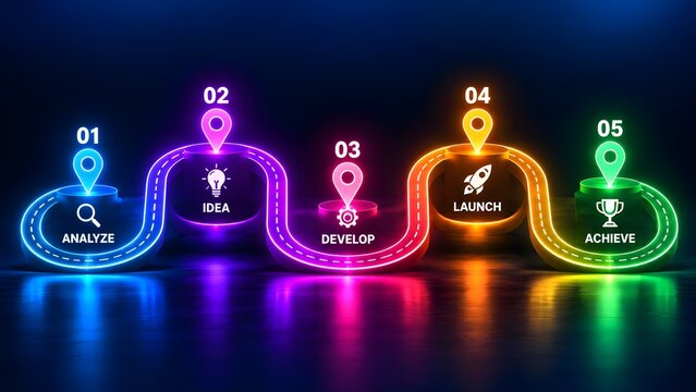 Futuristic Glowing Neon Winding Roadmap and Project Lifecycle Journey