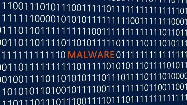 Malware text or word with digital binary animation made in After Effects for digital world technology concept, representing malicious software threats, computer viruses, and cyber security breaches.
