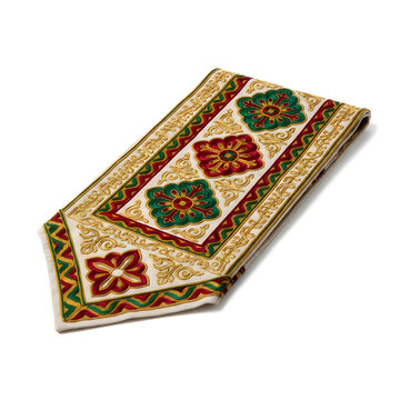 Elegant fabric table runner with colorful floral pattern and decorative embroidery isolated on white