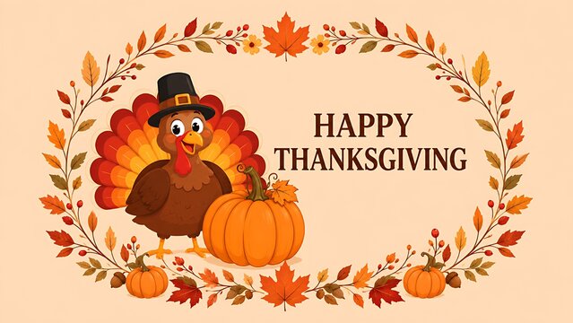 Happy Thanksgiving Greeting Card Background with Cute Turkey Character and Autumn Wreath