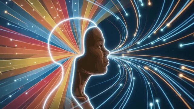 Human mind and consciousness, conceptual artwork of a person looking into the future with glowing data streams