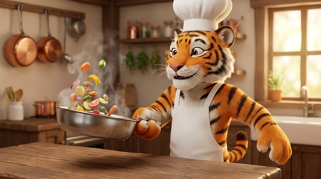 Cute cartoon tiger chef cooking vegetables in a rustic kitchen