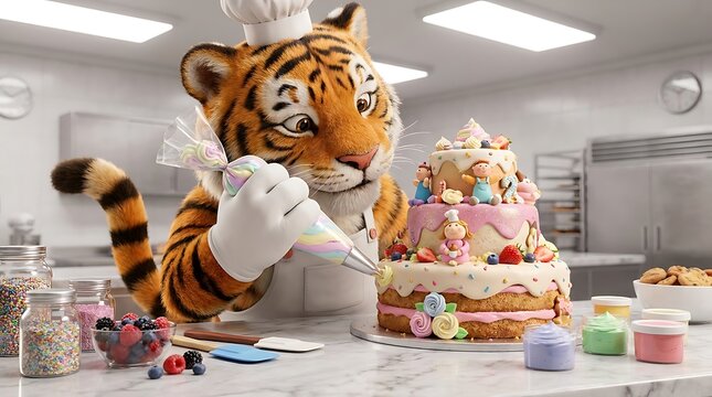 Cute cartoon tiger chef decorating a tiered birthday cake