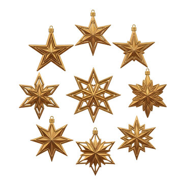 Set of shiny bronze christmas star ornaments for festive holiday decoration isolated on white background