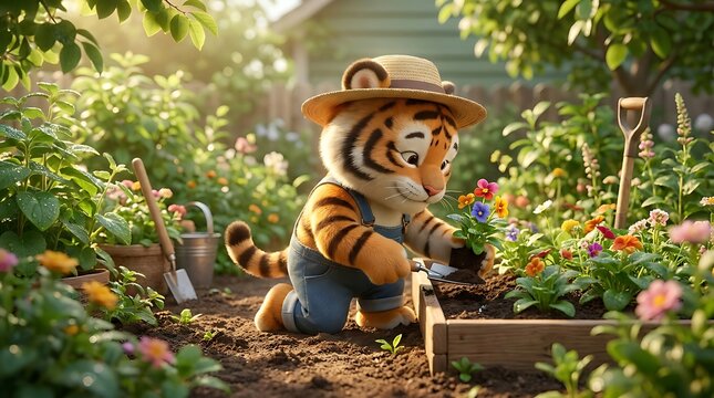 Cute cartoon tiger gardening in a sunny flower bed