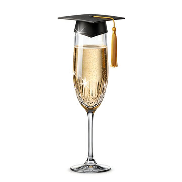 A glass of champagne with a black graduation cap on top for a school or college graduation celebration