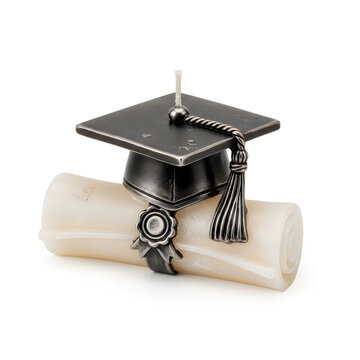 Black graduation cap with a tassel and a rolled degree diploma isolated on a clean white background