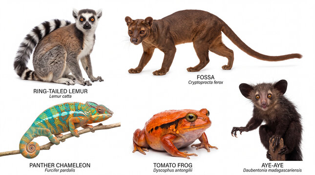 Madagascar endemic wildlife animals educational chart with ring-tailed lemur, fossa, panther chameleon, tomato frog and aye-aye isolated on white background