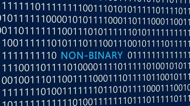 Non-Binary text or word with digital binary animation made in After Effects for digital world technology concept, representing data categorization limits, computational states, digital logic structure