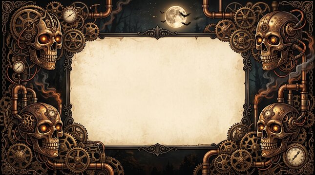 Steampunk style background with skulls and mechanical gears framing a central blank parchment for your custom text