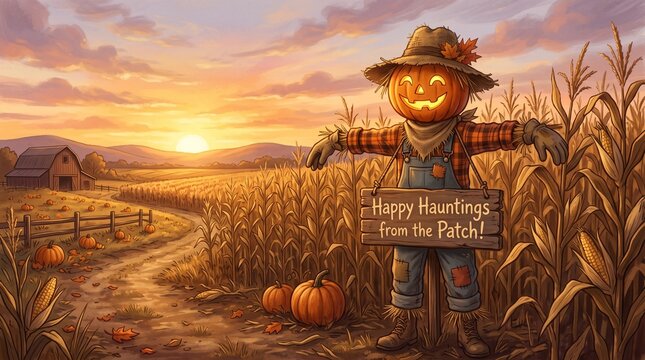 A spooky scarecrow with a glowing jack o lantern head standing in a cornfield at sunset