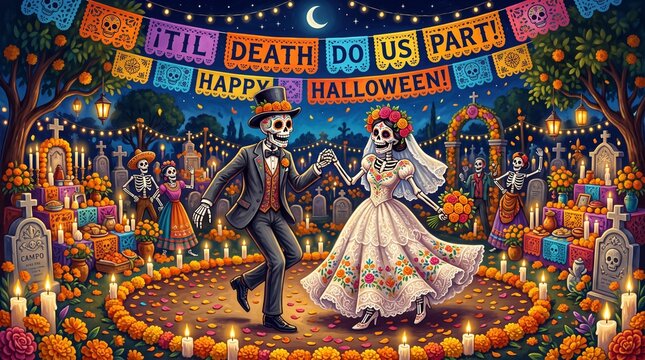 Colorful day of the dead celebration featuring a skeleton couple dancing in a candlelit cemetery at night