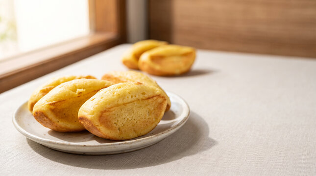 A plate of sweet plain Kue Pukis traditional Indonesian snacks in morning sunlight.