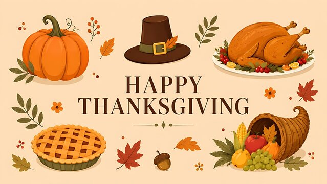 Happy Thanksgiving Graphic Element Collection with Pumpkin Pie Turkey Hat and Cornucopia