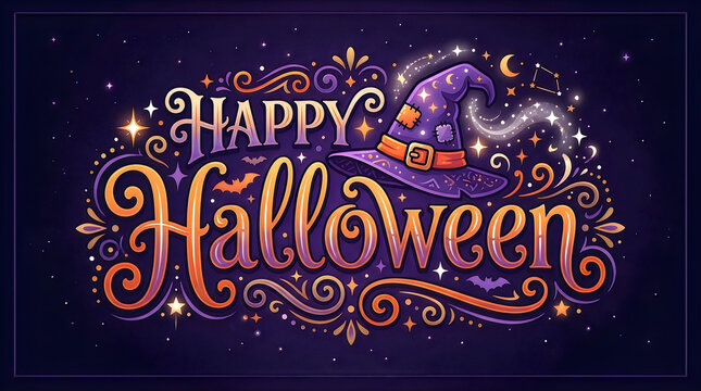 Halloween Happy Halloween lettering design with illustrated witch hat and magical stars. Colorful festive typography for party invitation. Autumn holiday decorative graphic background. JPG